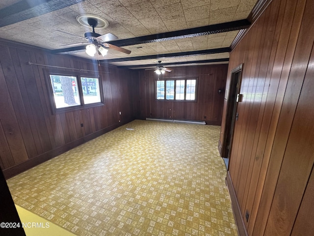 unfurnished room with wood walls, ceiling fan, a healthy amount of sunlight, and a baseboard heating unit