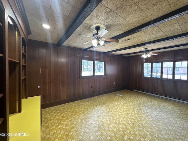 unfurnished room featuring wood walls, beam ceiling, ceiling fan, and a baseboard radiator