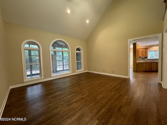 spare room featuring high vaulted ceiling, plenty of natural light, dark wood finished floors, and baseboards