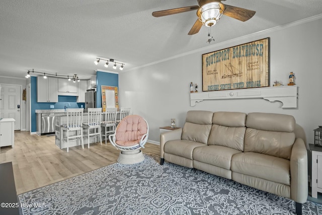 living room with light wood-style floors, ceiling fan, ornamental molding, and a textured ceiling