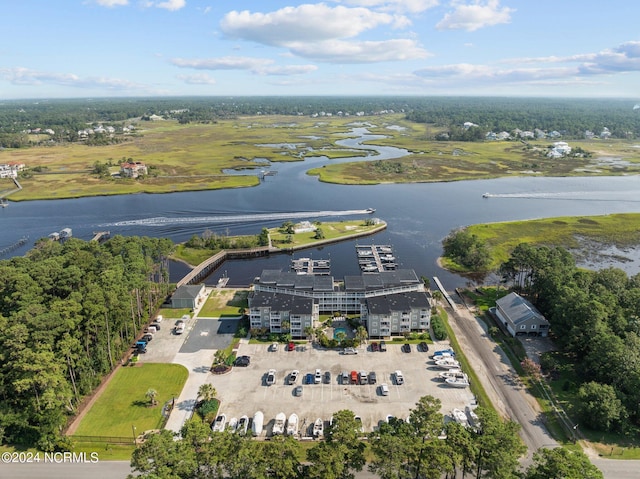 drone / aerial view with a water view