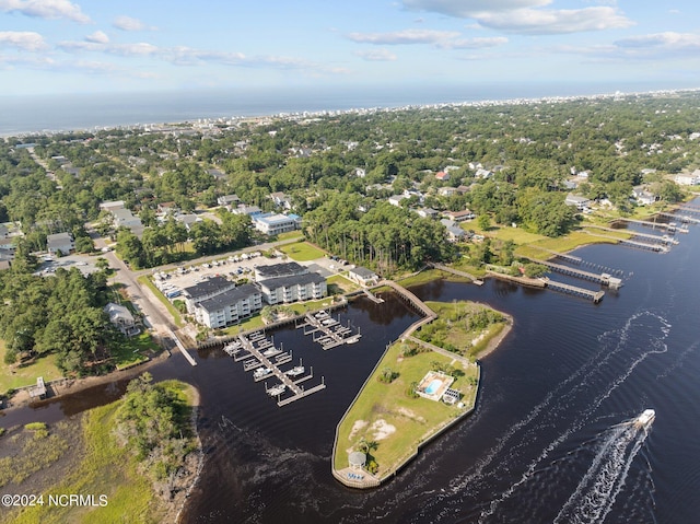 drone / aerial view with a water view