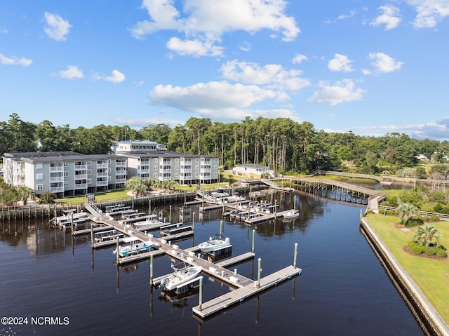 view of dock with a water view