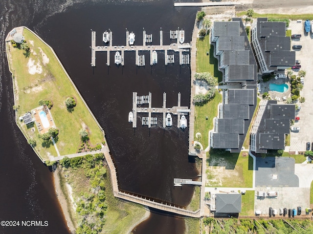 drone / aerial view with a water view