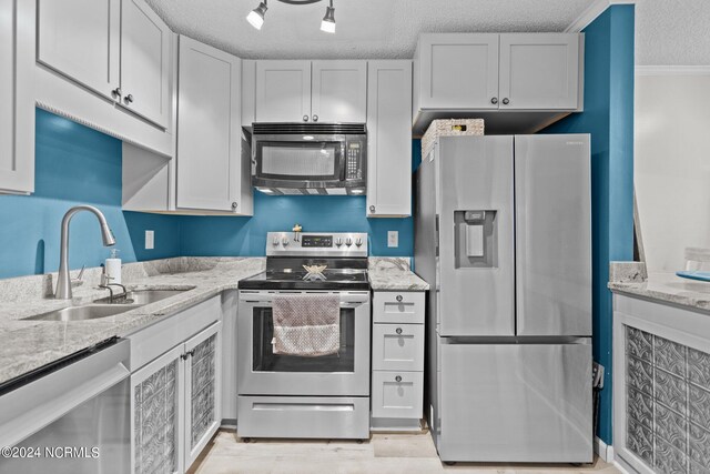 kitchen featuring light wood-type flooring, track lighting, sink, a textured ceiling, and stainless steel appliances