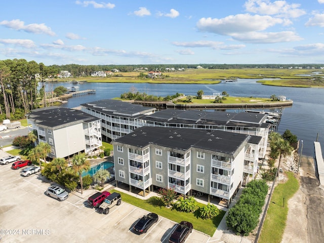 drone / aerial view featuring a water view