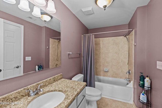 full bath featuring toilet, vanity, visible vents, tile patterned floors, and shower / bath combination with curtain