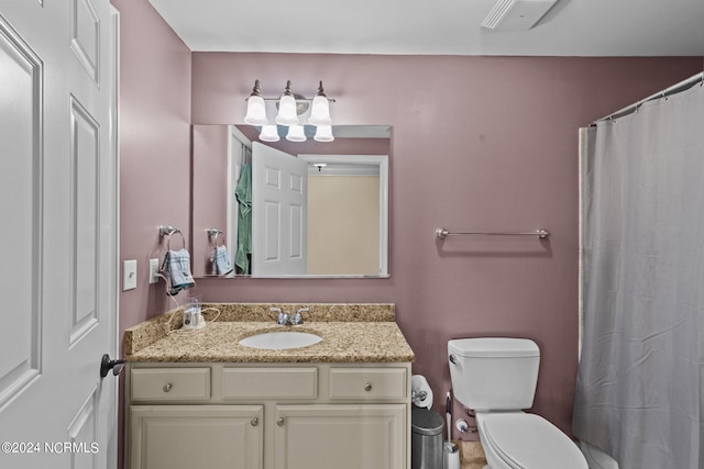 full bathroom featuring a shower with curtain, vanity, and toilet