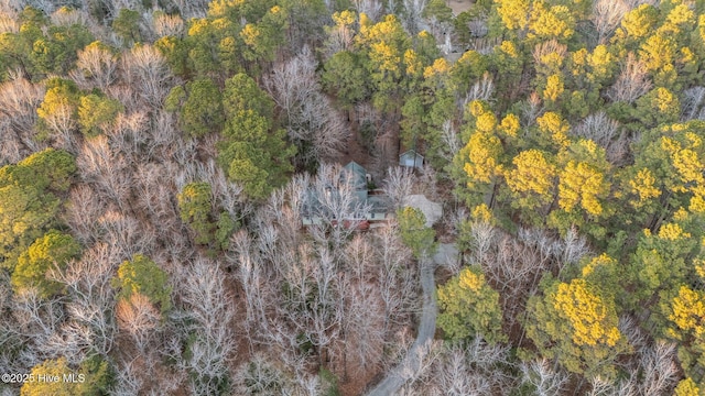 aerial view featuring a wooded view