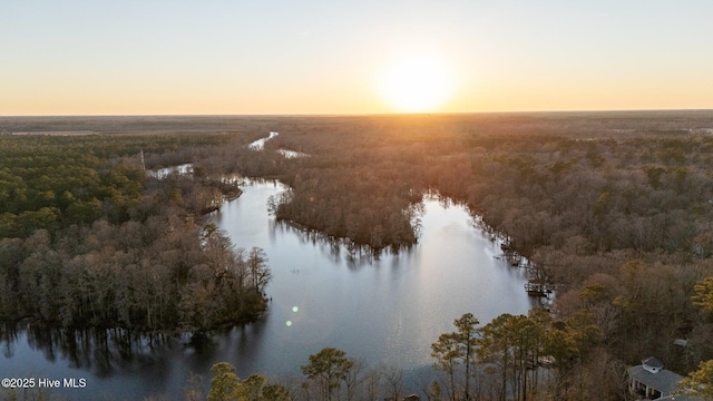 aerial view at dusk with a water view and a view of trees