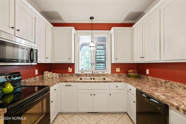 kitchen with ornamental molding, black appliances, white cabinetry, and sink