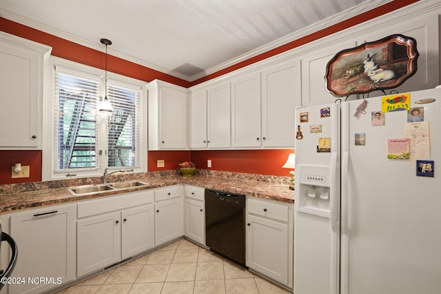 kitchen featuring light tile patterned floors, a sink, white cabinets, black dishwasher, and white fridge with ice dispenser