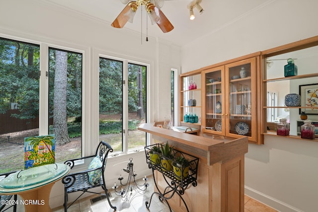 sunroom featuring a ceiling fan