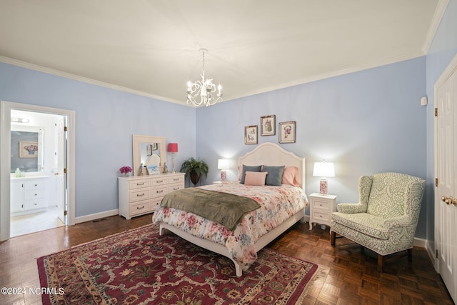 bedroom with ornamental molding, an inviting chandelier, visible vents, and baseboards