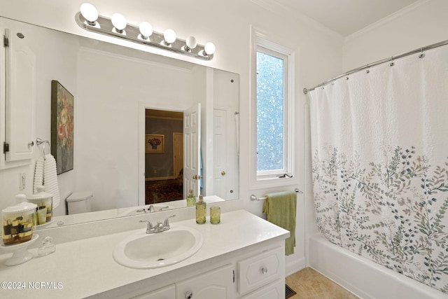 bathroom with shower / tub combo, visible vents, vanity, tile patterned floors, and crown molding