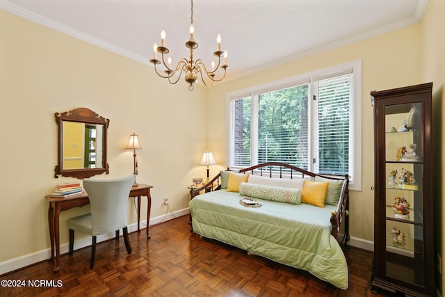 bedroom featuring a chandelier, crown molding, a textured ceiling, and baseboards