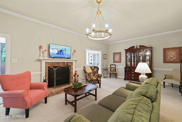 living room featuring light carpet, plenty of natural light, a fireplace, and crown molding