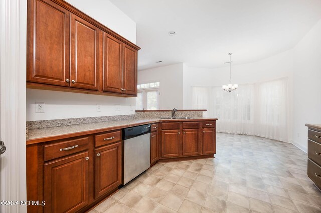 kitchen with decorative light fixtures, dishwasher, kitchen peninsula, an inviting chandelier, and sink