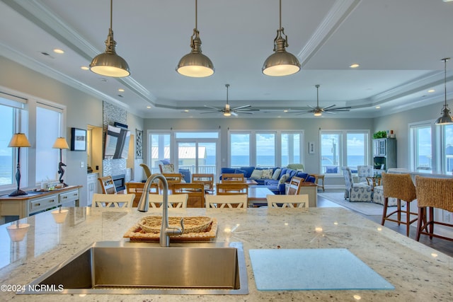 kitchen featuring light stone counters, a breakfast bar, open floor plan, and a tray ceiling