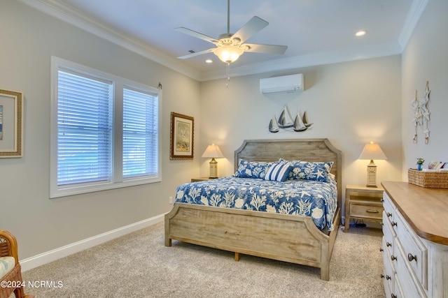 bedroom with a wall unit AC, recessed lighting, light colored carpet, baseboards, and ornamental molding