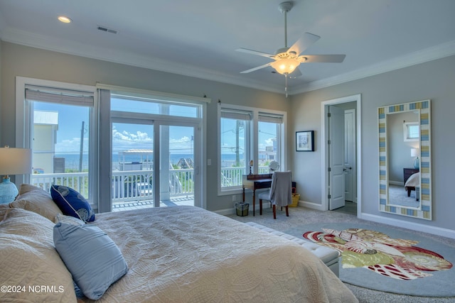 bedroom featuring access to exterior, carpet floors, visible vents, ornamental molding, and baseboards