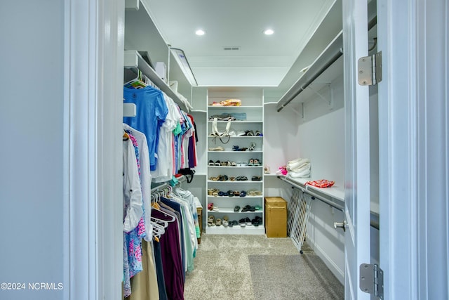 walk in closet with light carpet and visible vents