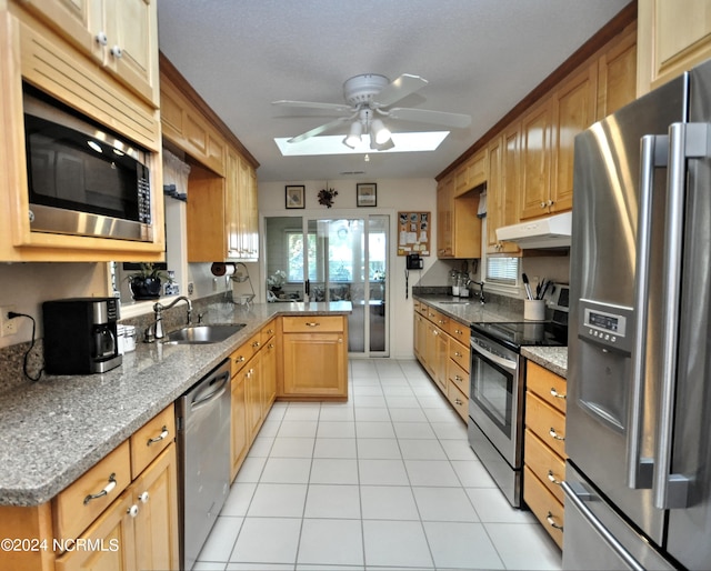 kitchen featuring appliances with stainless steel finishes, kitchen peninsula, sink, a skylight, and ceiling fan