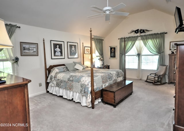 bedroom featuring carpet flooring, ceiling fan, and vaulted ceiling