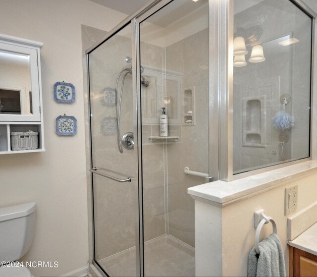 bathroom with vanity, toilet, and an enclosed shower