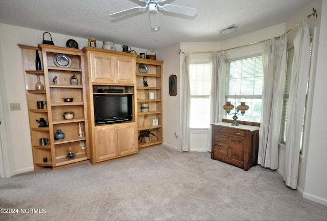 living room featuring a textured ceiling, light colored carpet, and ceiling fan