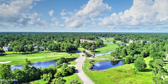 bird's eye view featuring golf course view, a water view, and a wooded view