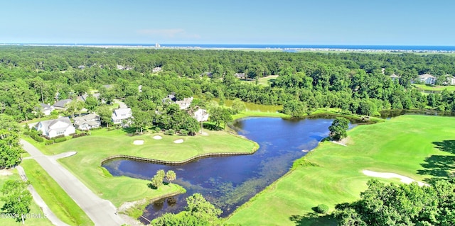 bird's eye view featuring a water view and a forest view