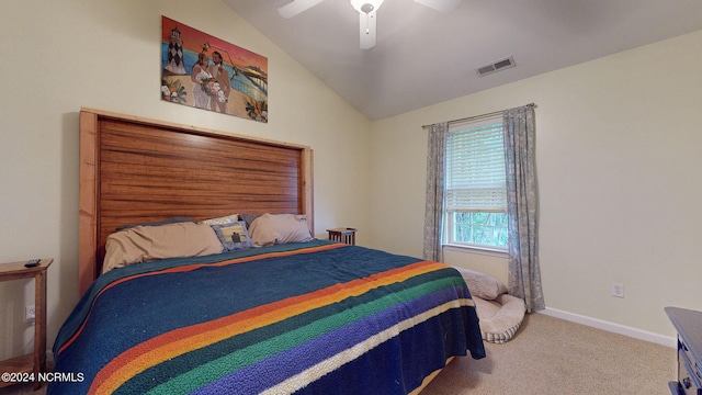 carpeted bedroom with lofted ceiling and ceiling fan