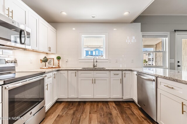 kitchen with white cabinets, crown molding, stainless steel appliances, sink, and dark wood-type flooring