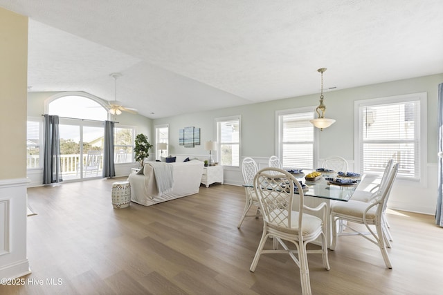 dining area with a ceiling fan, lofted ceiling, a textured ceiling, and wood finished floors