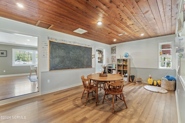 dining room featuring light hardwood / wood-style floors and wood ceiling