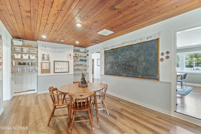 dining room with built in features, light wood-type flooring, and wooden ceiling