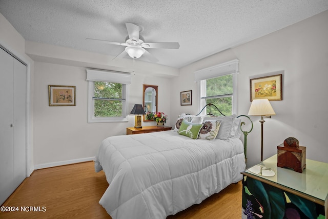 bedroom featuring a closet, multiple windows, wood finished floors, and a textured ceiling