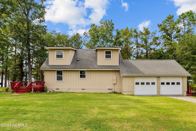 view of front of property featuring a garage, driveway, roof with shingles, crawl space, and a front yard