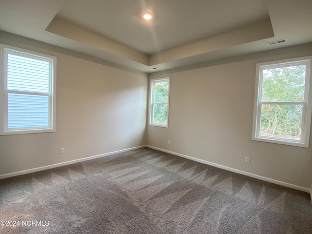 carpeted spare room with a raised ceiling, visible vents, and baseboards