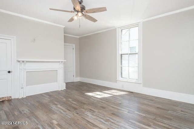 unfurnished living room with ceiling fan, baseboards, crown molding, and wood finished floors