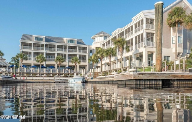 view of building exterior with a water view