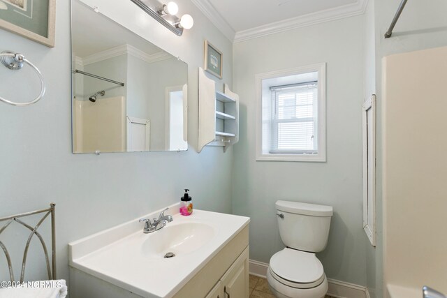 bathroom with vanity, tile patterned flooring, crown molding, toilet, and a shower