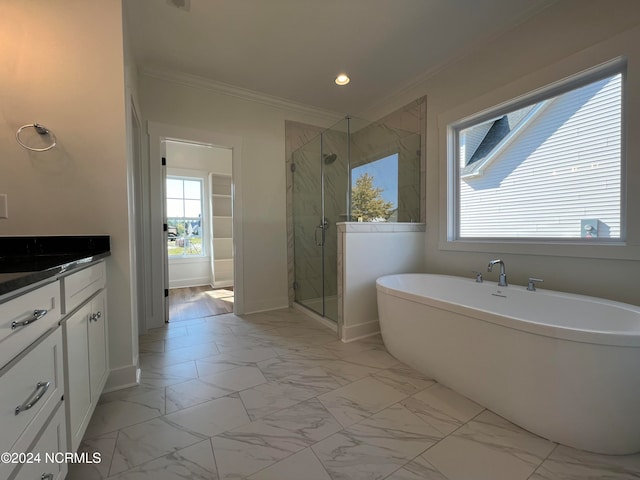 bathroom with vanity, ornamental molding, and plus walk in shower