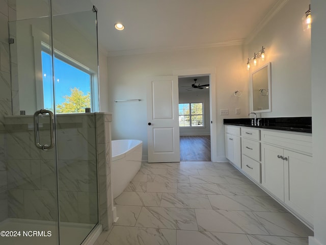 bathroom featuring vanity, crown molding, plus walk in shower, and ceiling fan