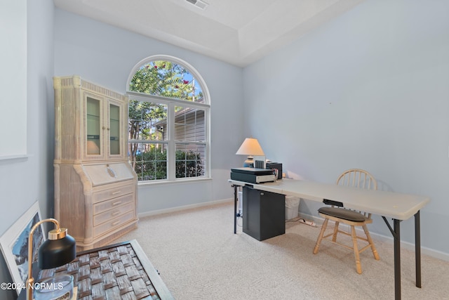 office area with light carpet, visible vents, and baseboards