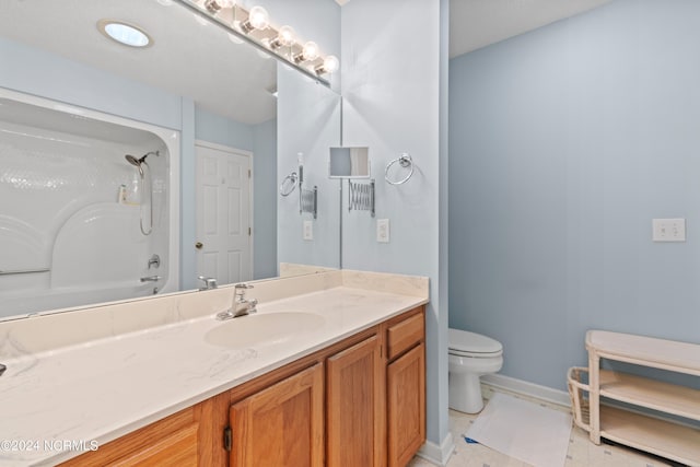 bathroom featuring shower / bath combination, vanity, toilet, and baseboards