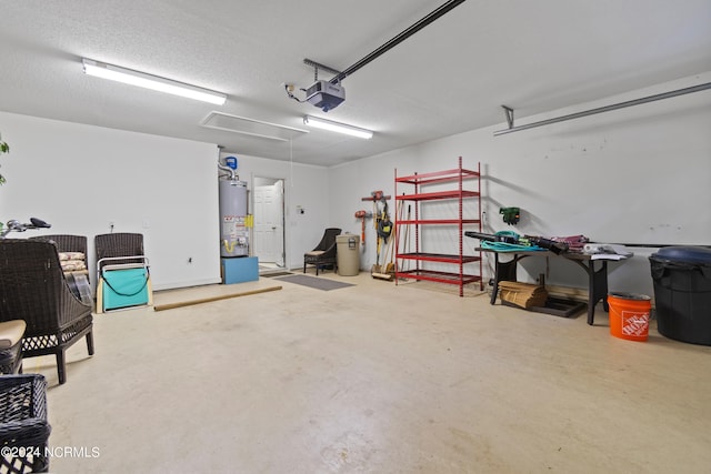 garage featuring water heater and a garage door opener