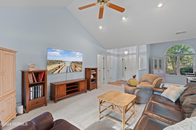 living area featuring visible vents, light colored carpet, ceiling fan, high vaulted ceiling, and recessed lighting