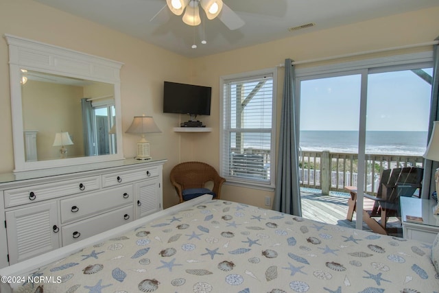 bedroom featuring access to outside and ceiling fan